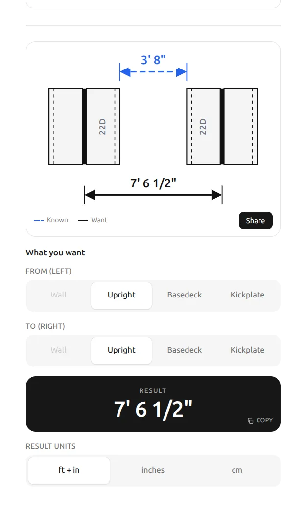 Snapline converting a basedeck-to-basedeck measurement of 3 feet 8 inches into 7 feet 6½ inches upright-to-upright, with a to-scale floor-plan diagram